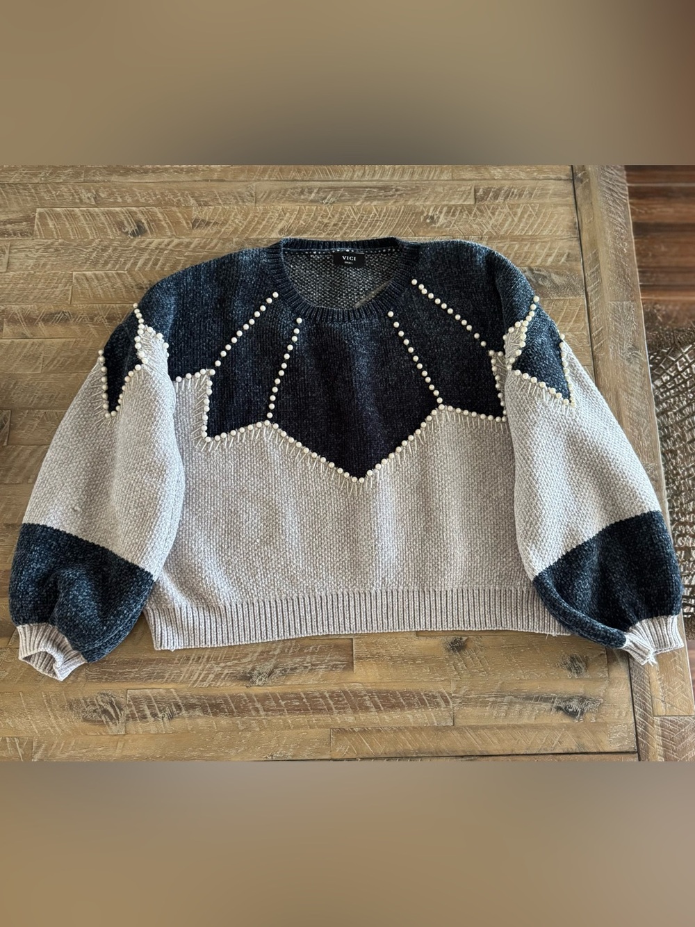 VICI Two-Tone Pearl Trim Crewneck Sweater - Deep Blue & Cream